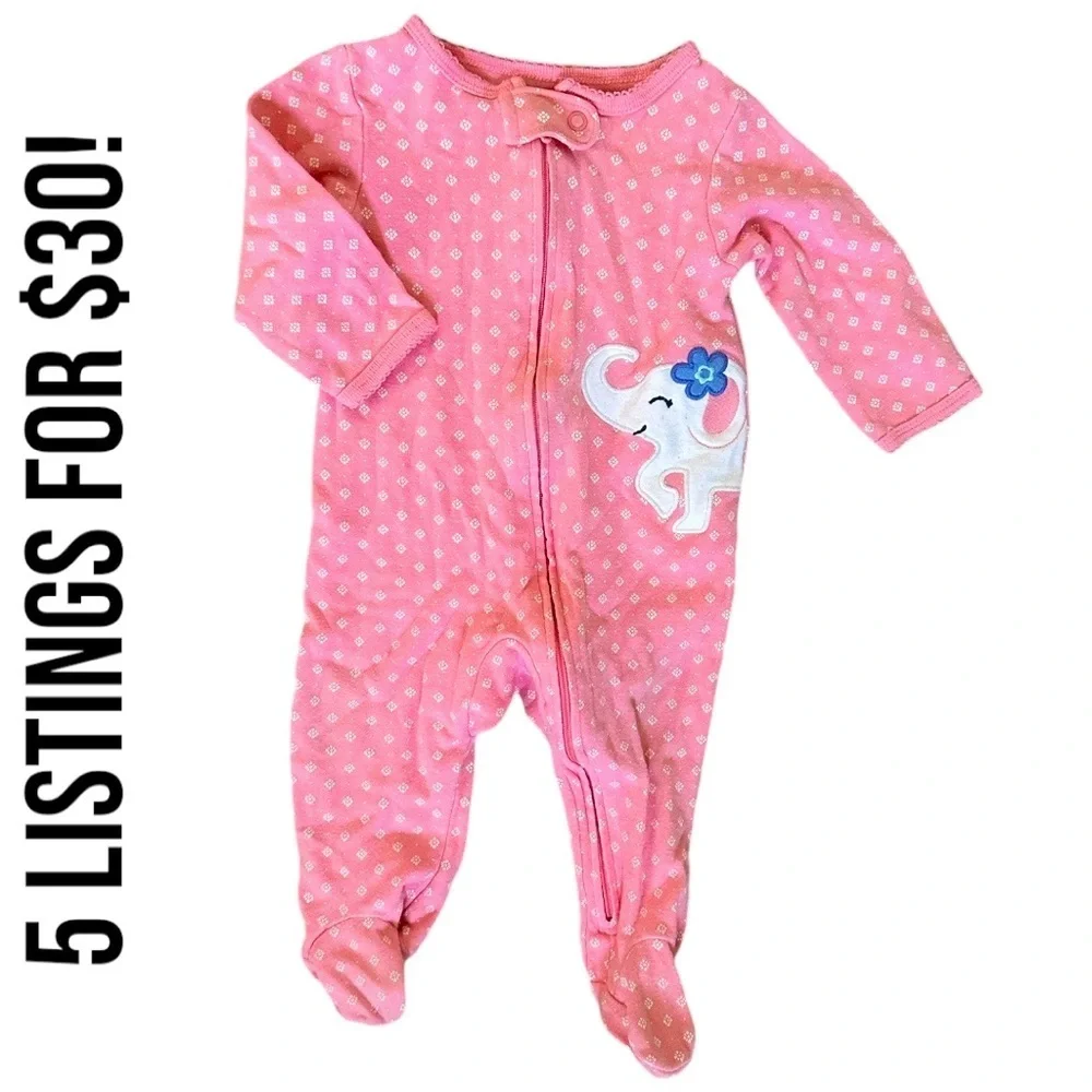 Carter's Pink Elephant Zip Up Footie Pajamas 6 Months Baby Girl